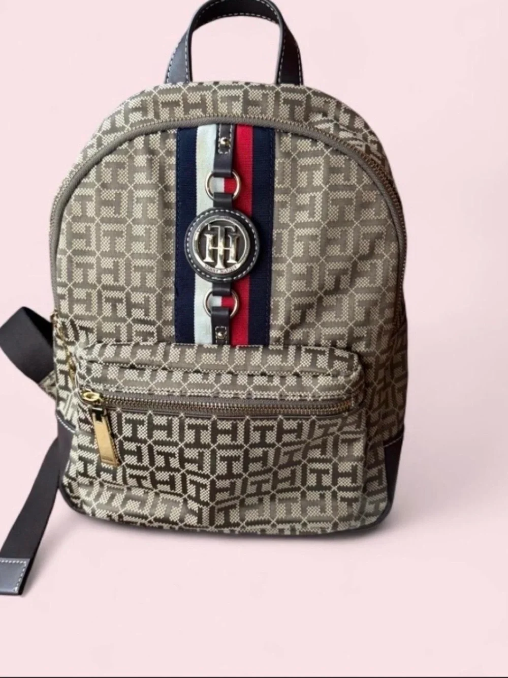 Tommy Hilfiger Beige Monogram Mini Backpack with Navy & Red Stripe